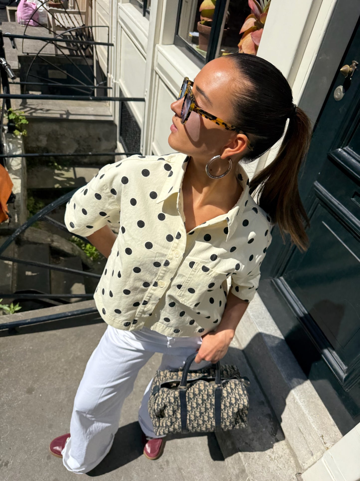Denim polkadot top off white
