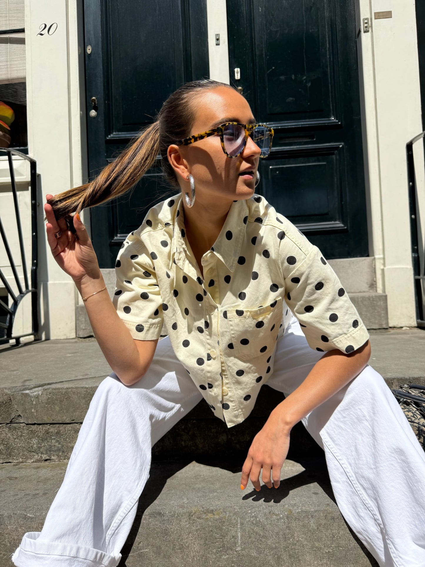 Denim polkadot top off white