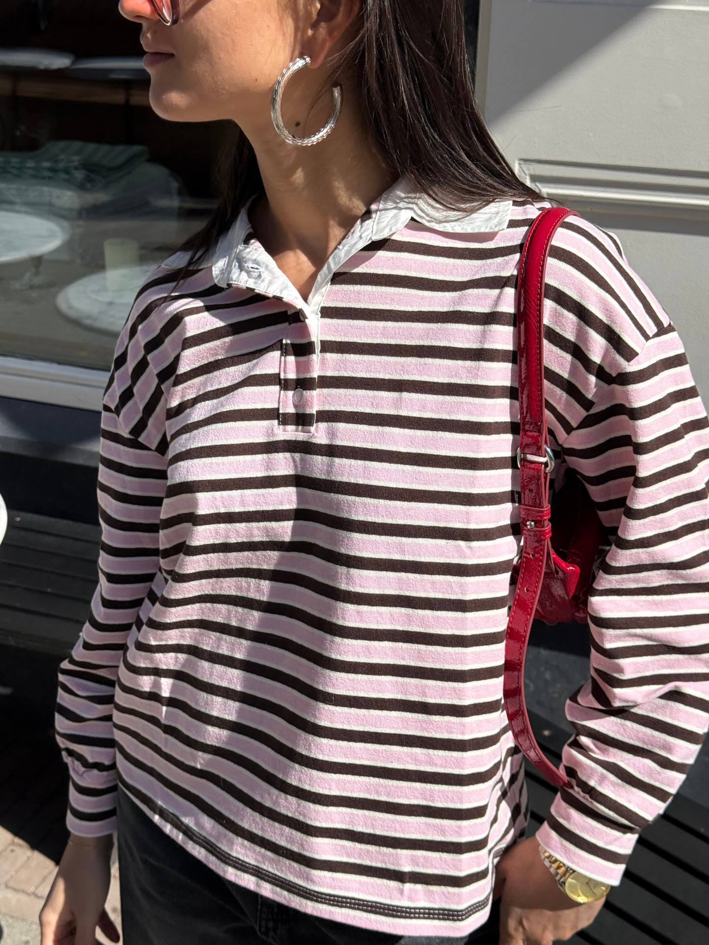 Poloshirt longsleeve bruin/roze