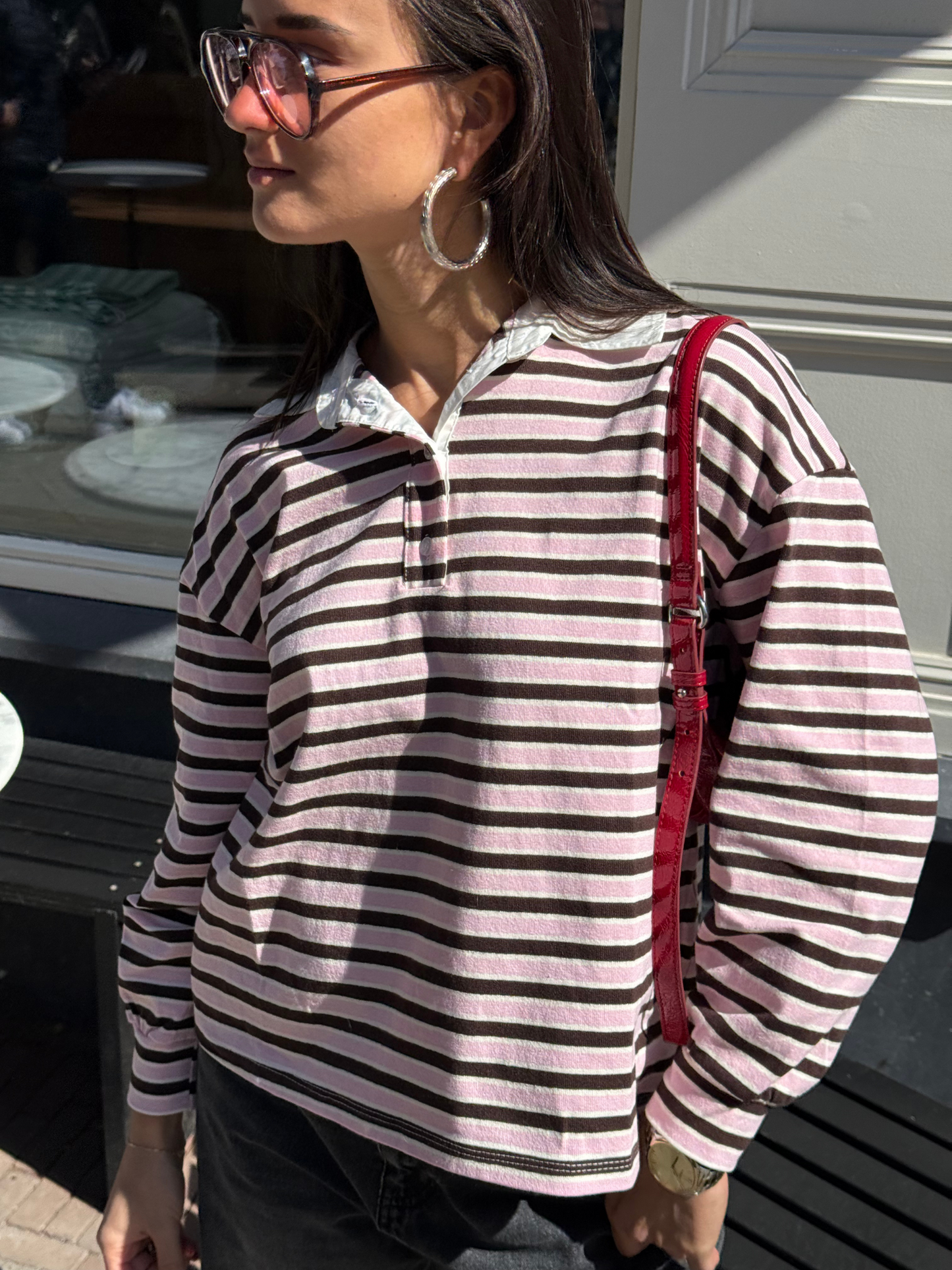 Poloshirt longsleeve bruin/roze