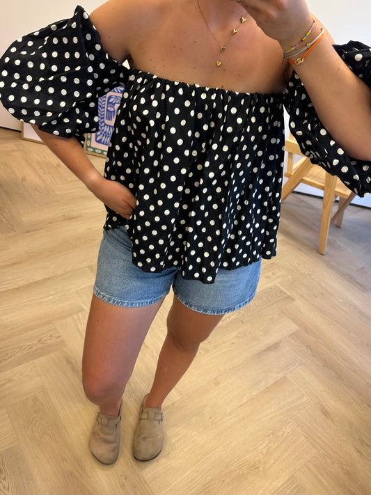 Dots off shoulder top zwart