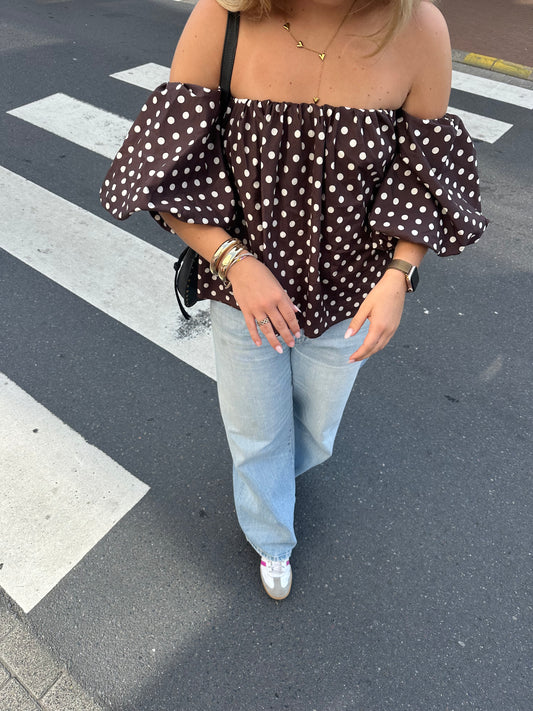 Dots off shoulder top choco - pre order