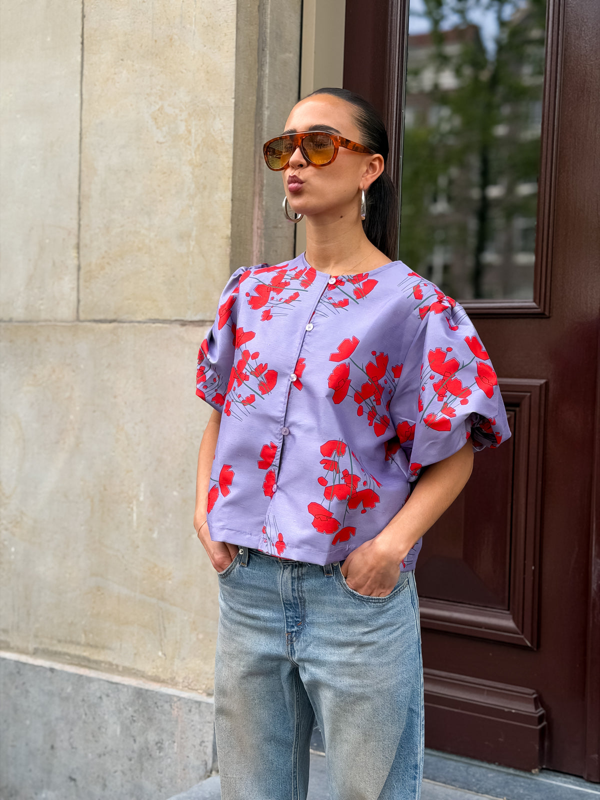 Viola Print Dolly blouse viola print lilac – Lovely Studios
